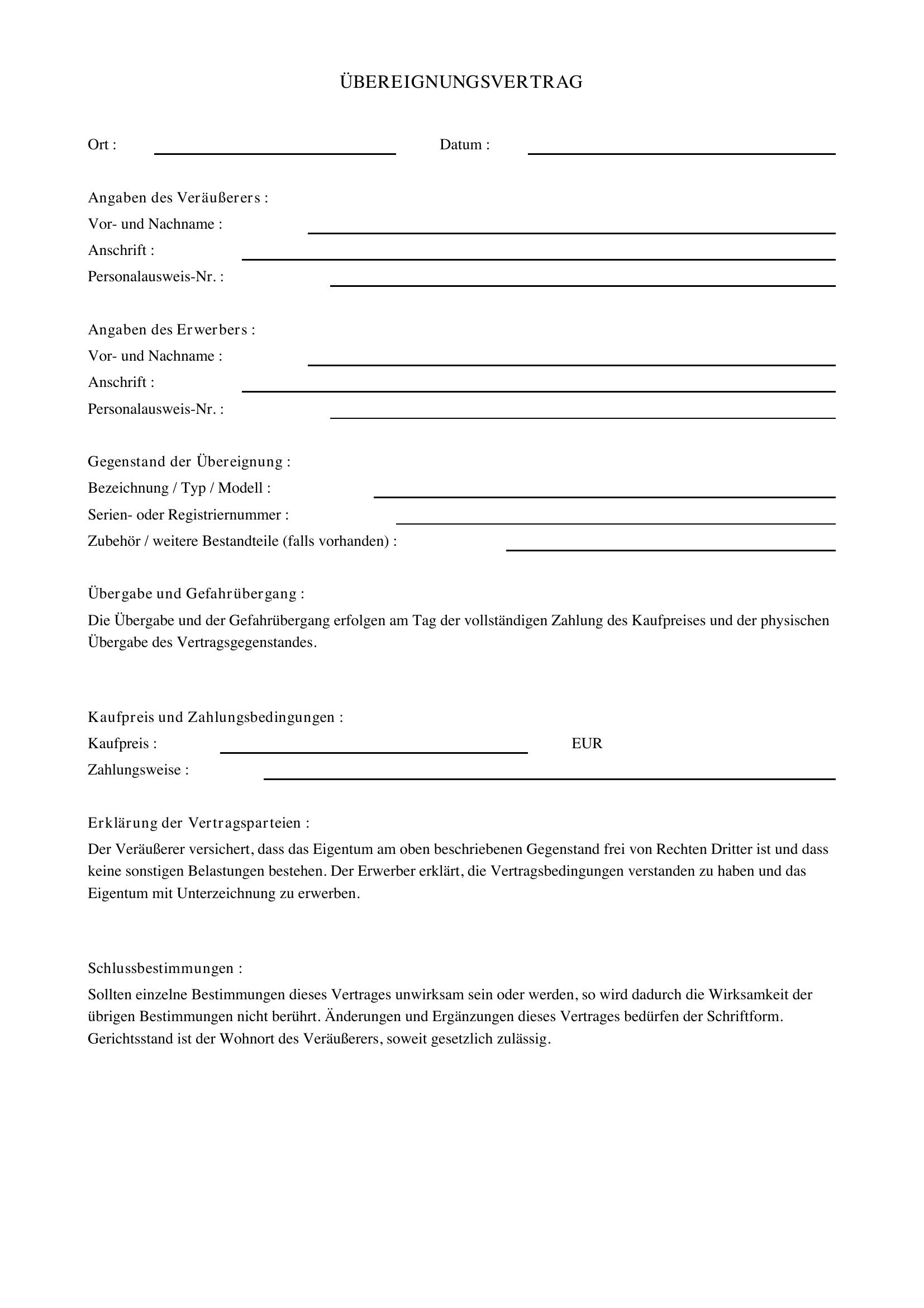 Übereignungsvertrag Vorlage