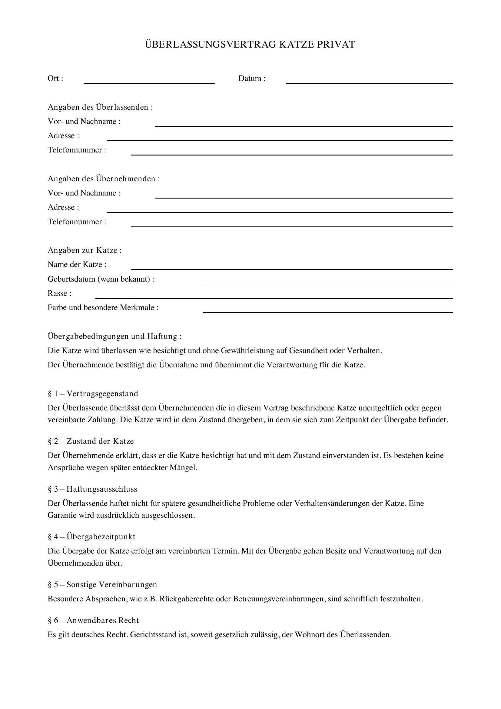 Überlassungsvertrag Katze Privat