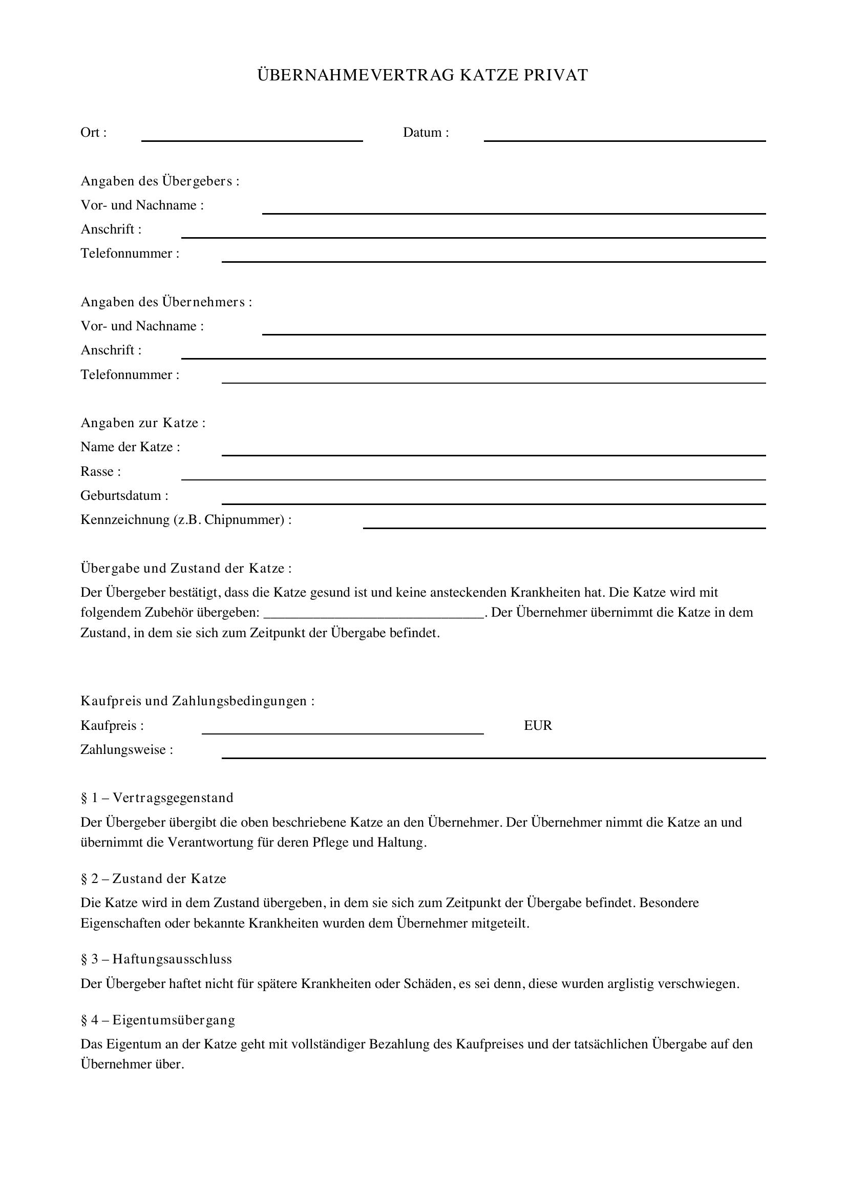Übernahmevertrag Katze Privat