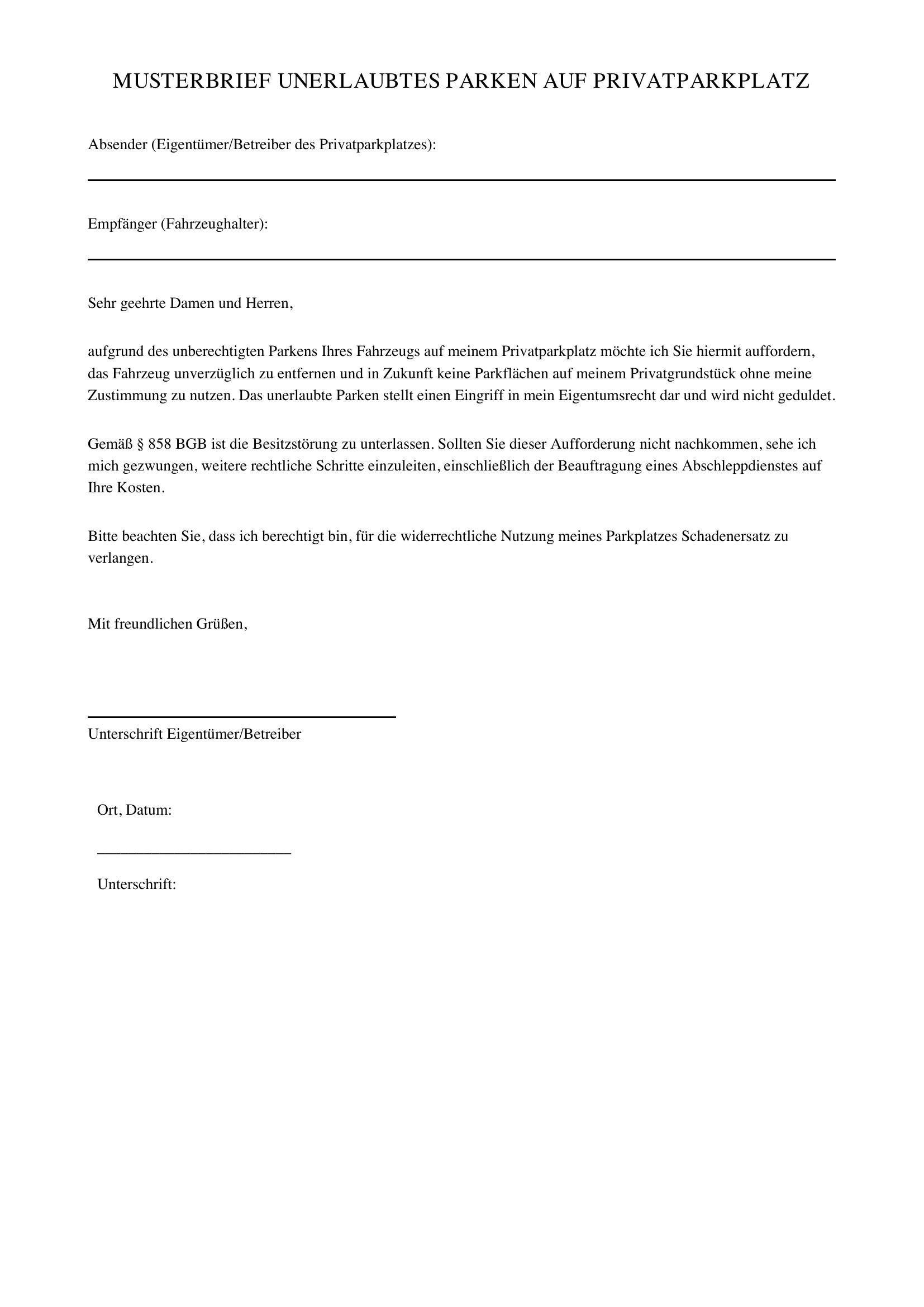 Unerlaubtes Parken Auf Privatparkplatz Musterbrief