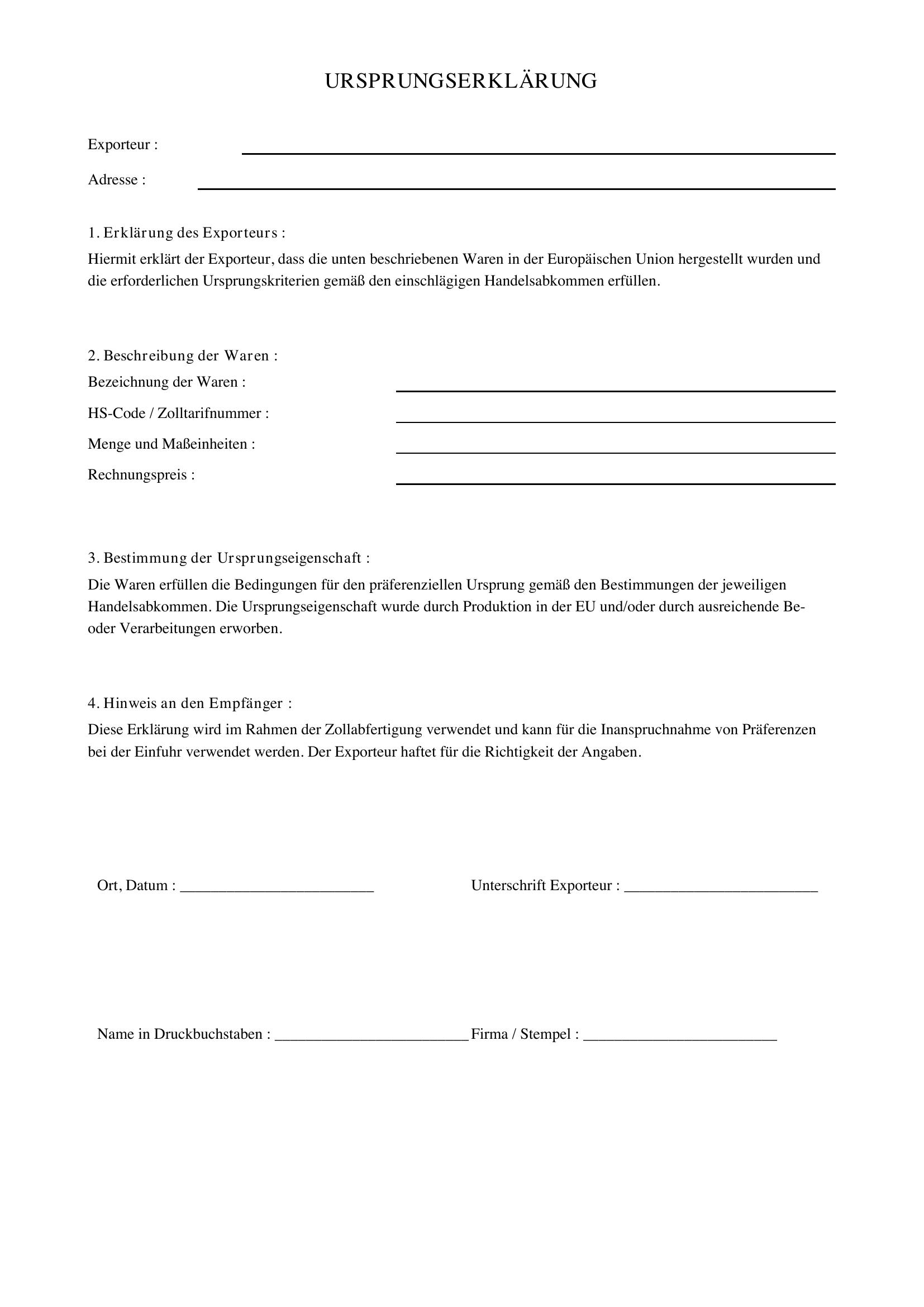 Ursprungserklärung Vorlage