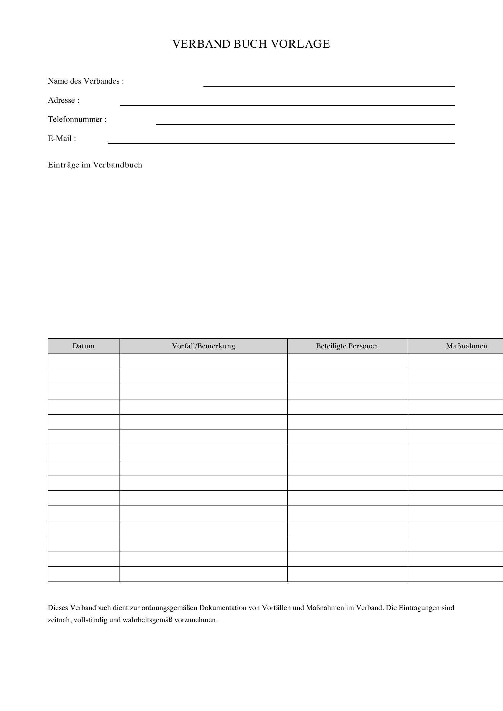 Verbandbuch Vorlage