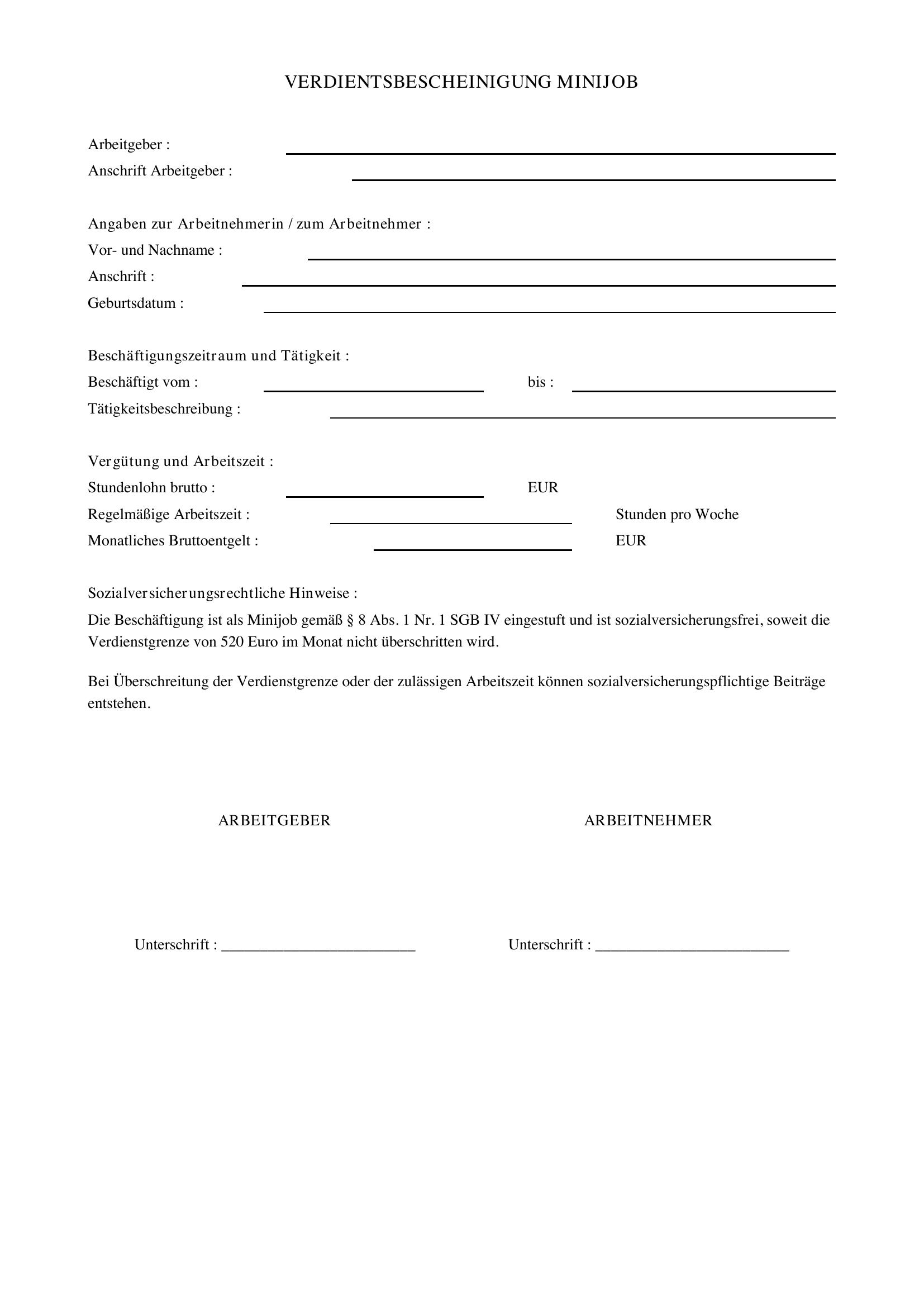 Verdienstbescheinigung Minijob