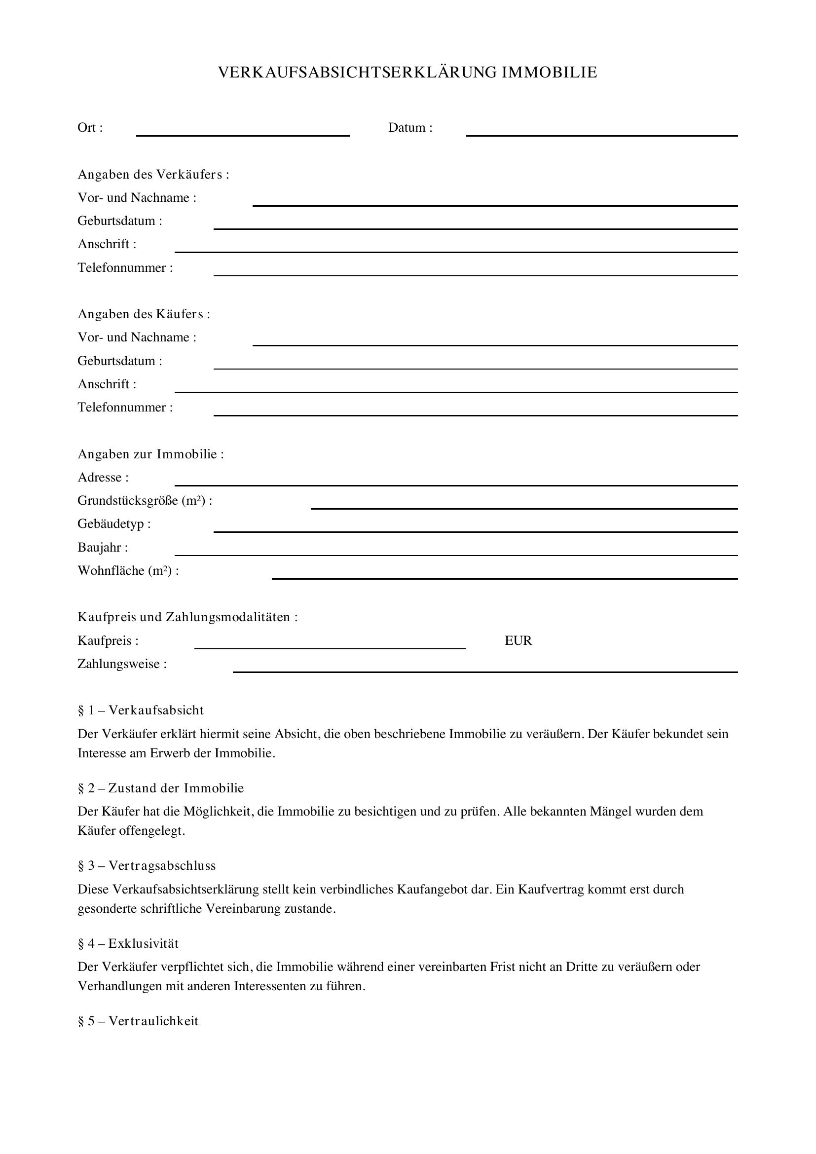 Verkaufsabsichtserklärung Immobilie