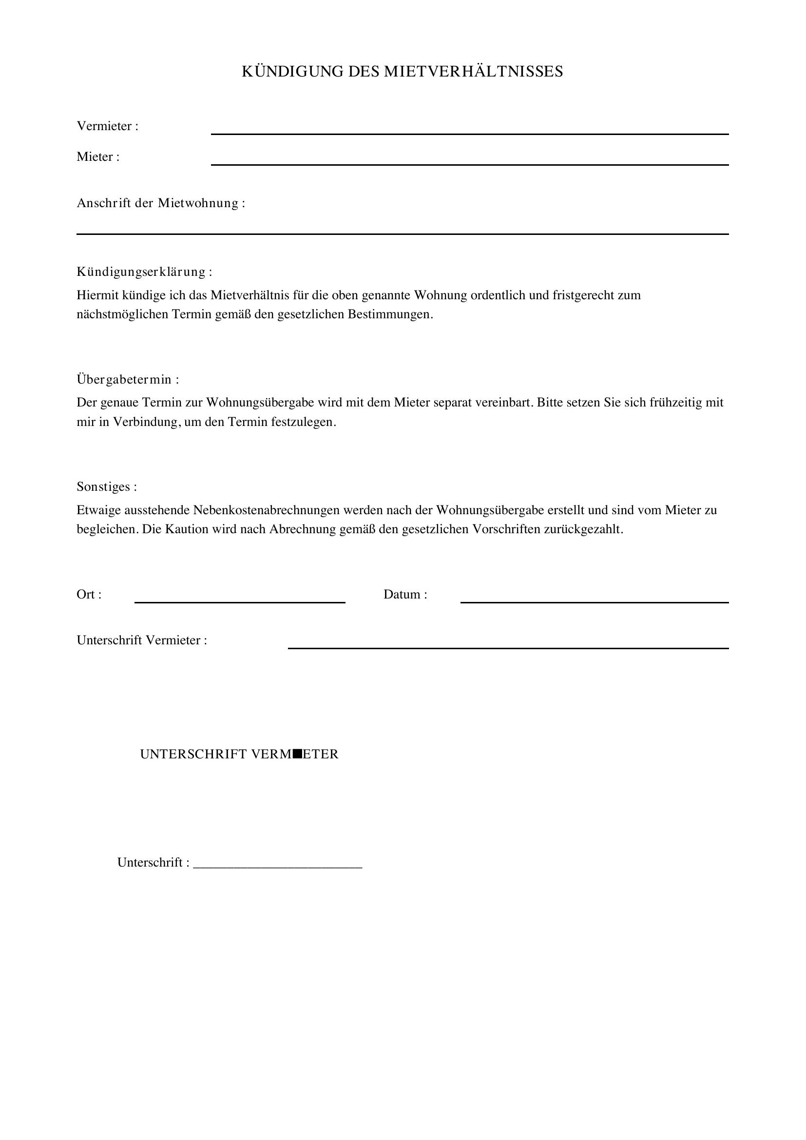Vermieter Kündigung Vorlage
