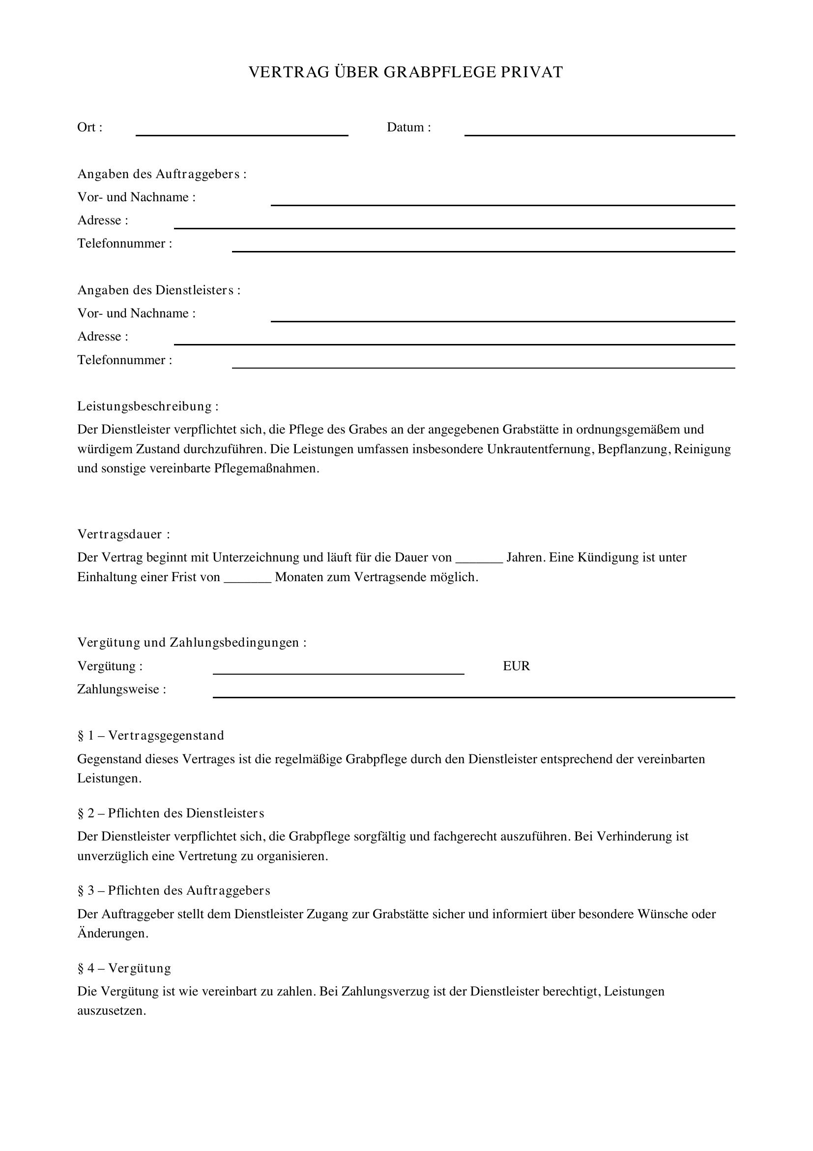 Vertrag Grabpflege Privat