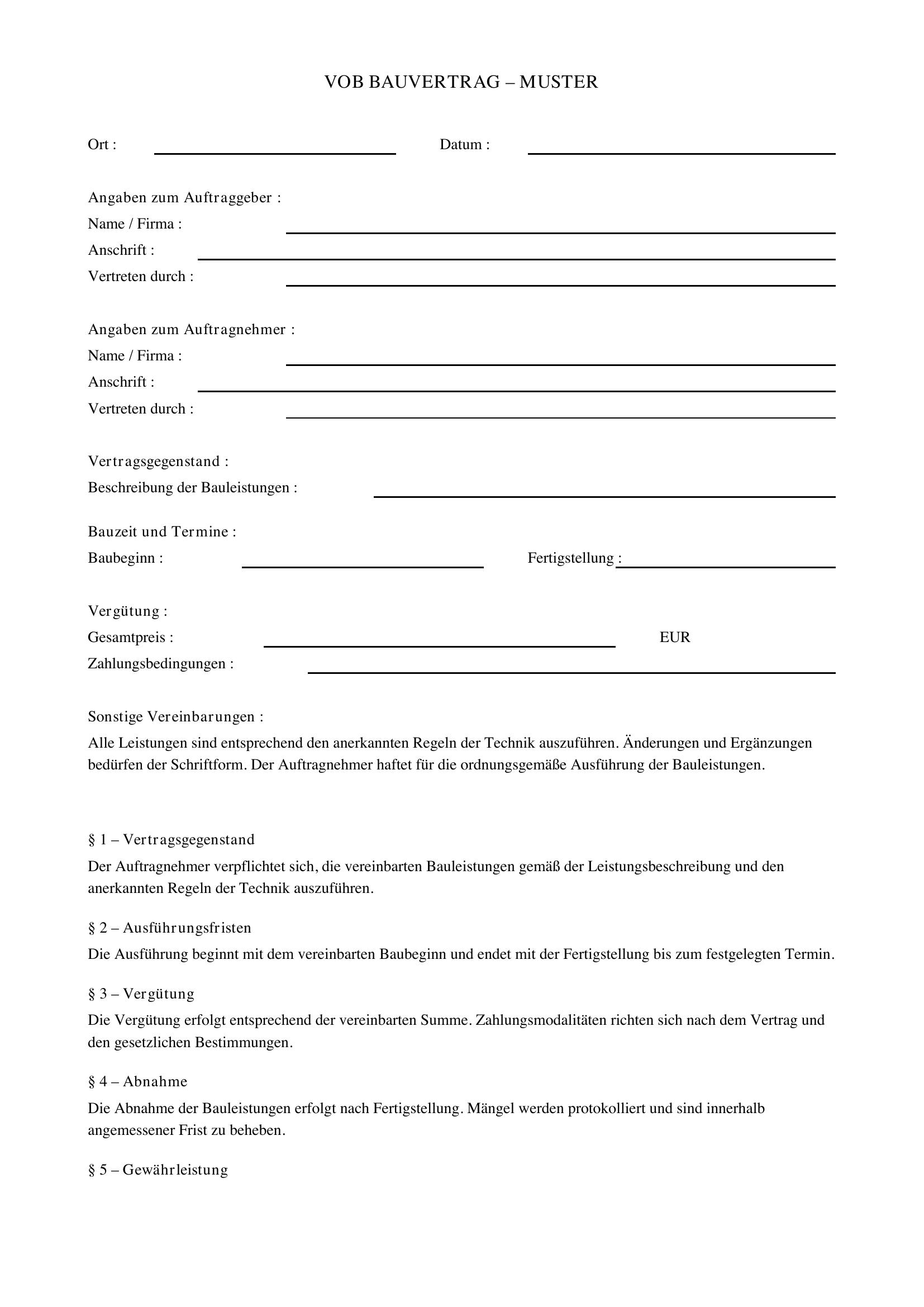 Vob Bauvertrag Muster