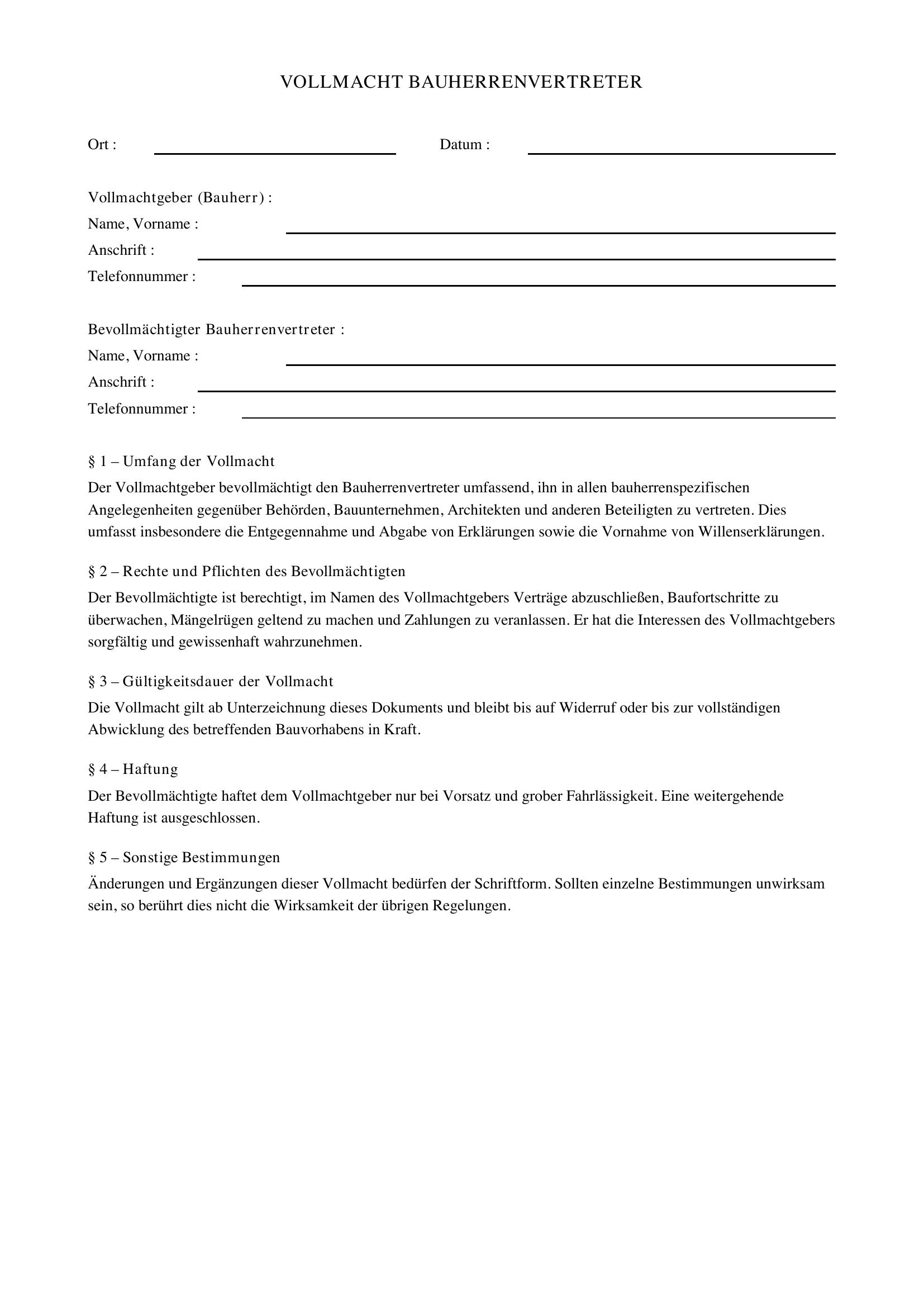 Vollmacht Bauherrenvertreter Vorlage