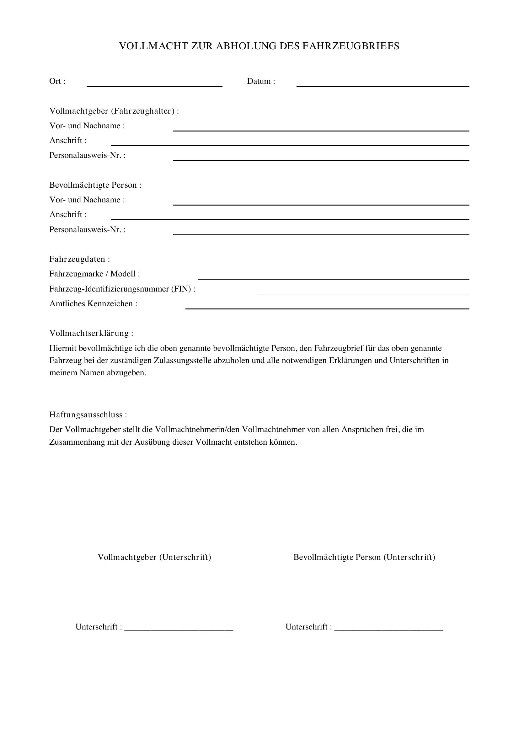 Vollmacht Fahrzeugbrief Abholen