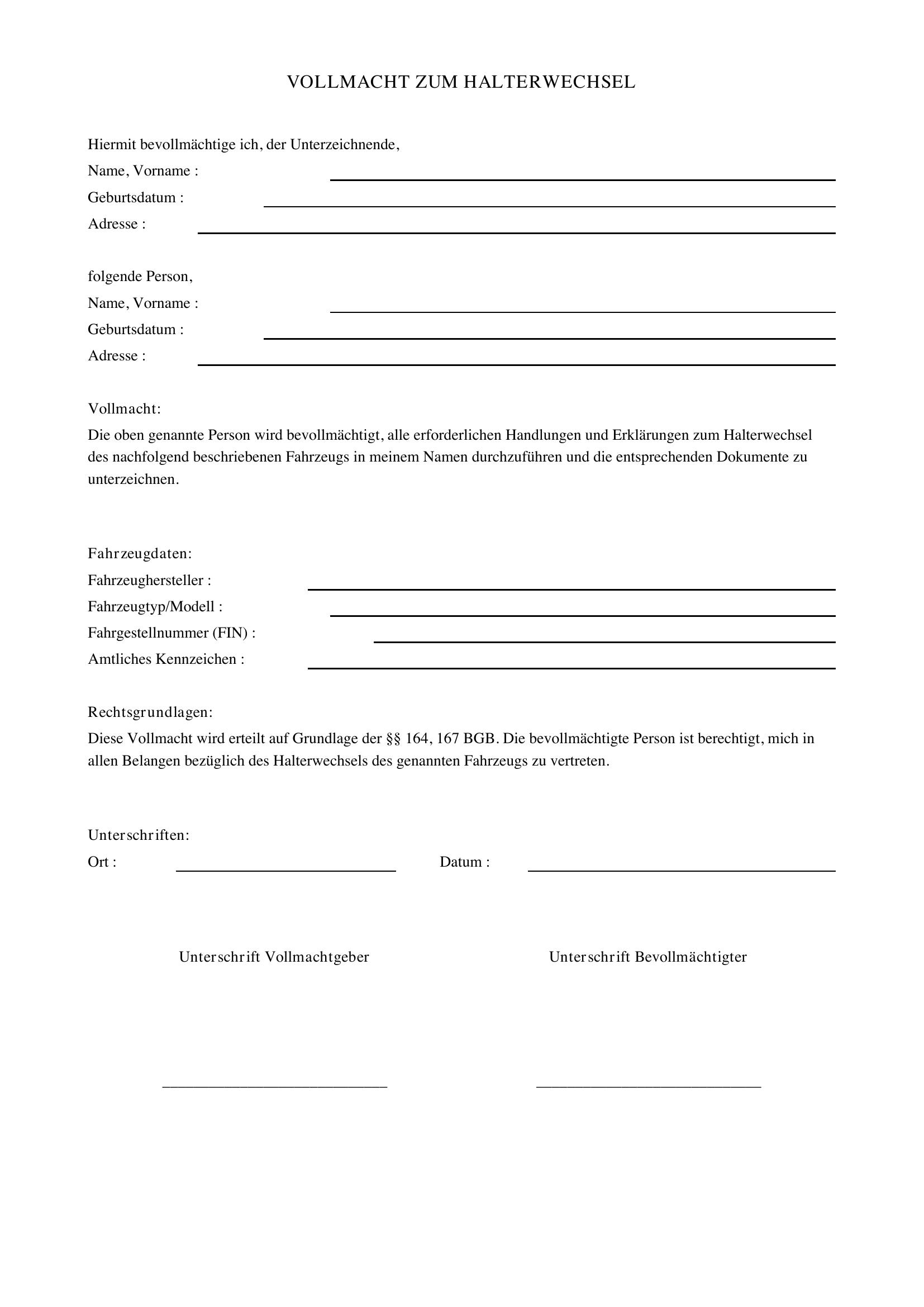 Vollmacht Halterwechsel Vorlage