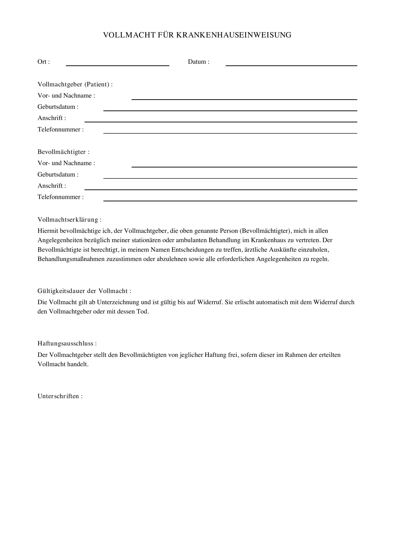 Vollmacht Krankenhaus Vorlage