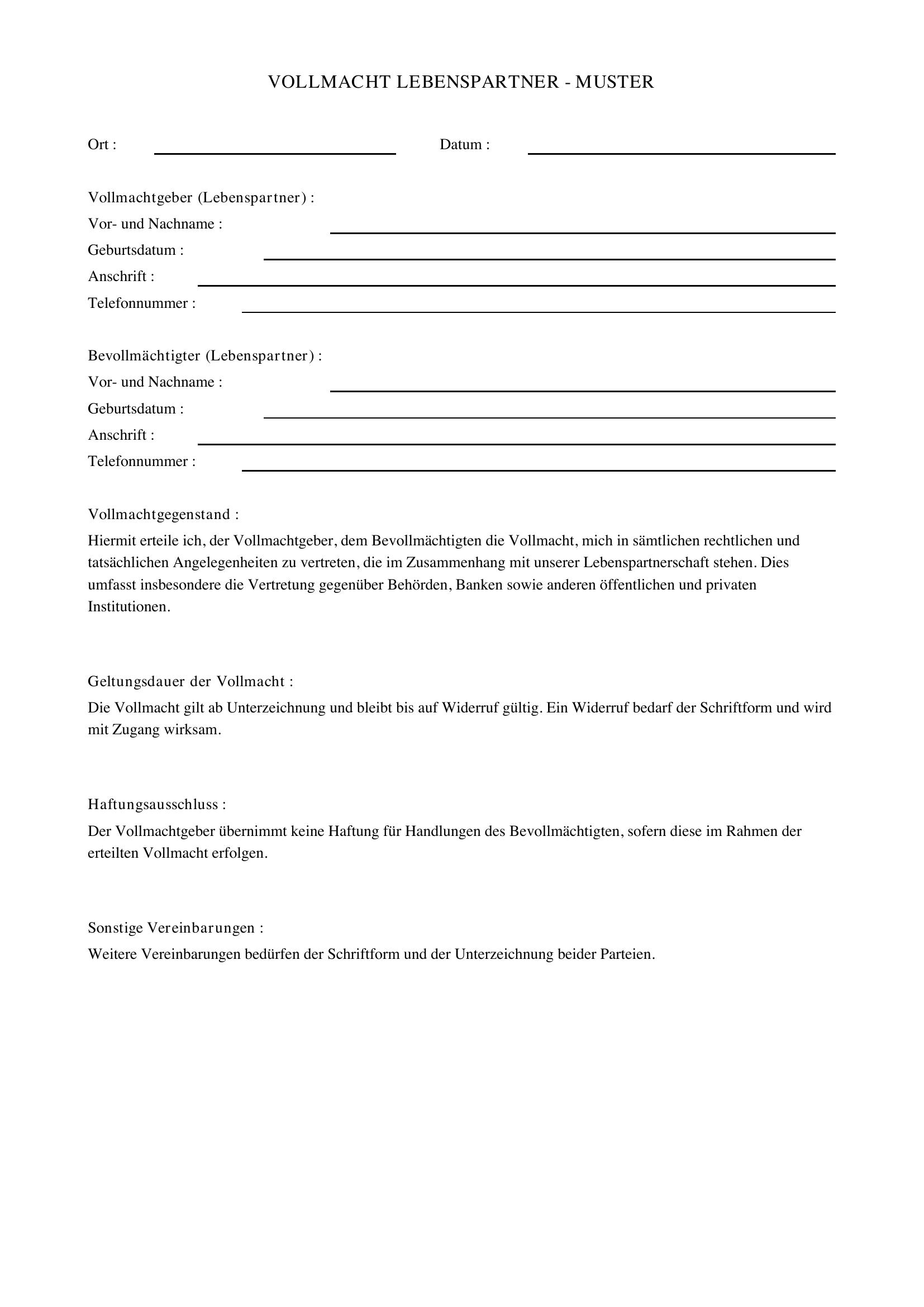 Vollmacht Lebenspartner Muster
