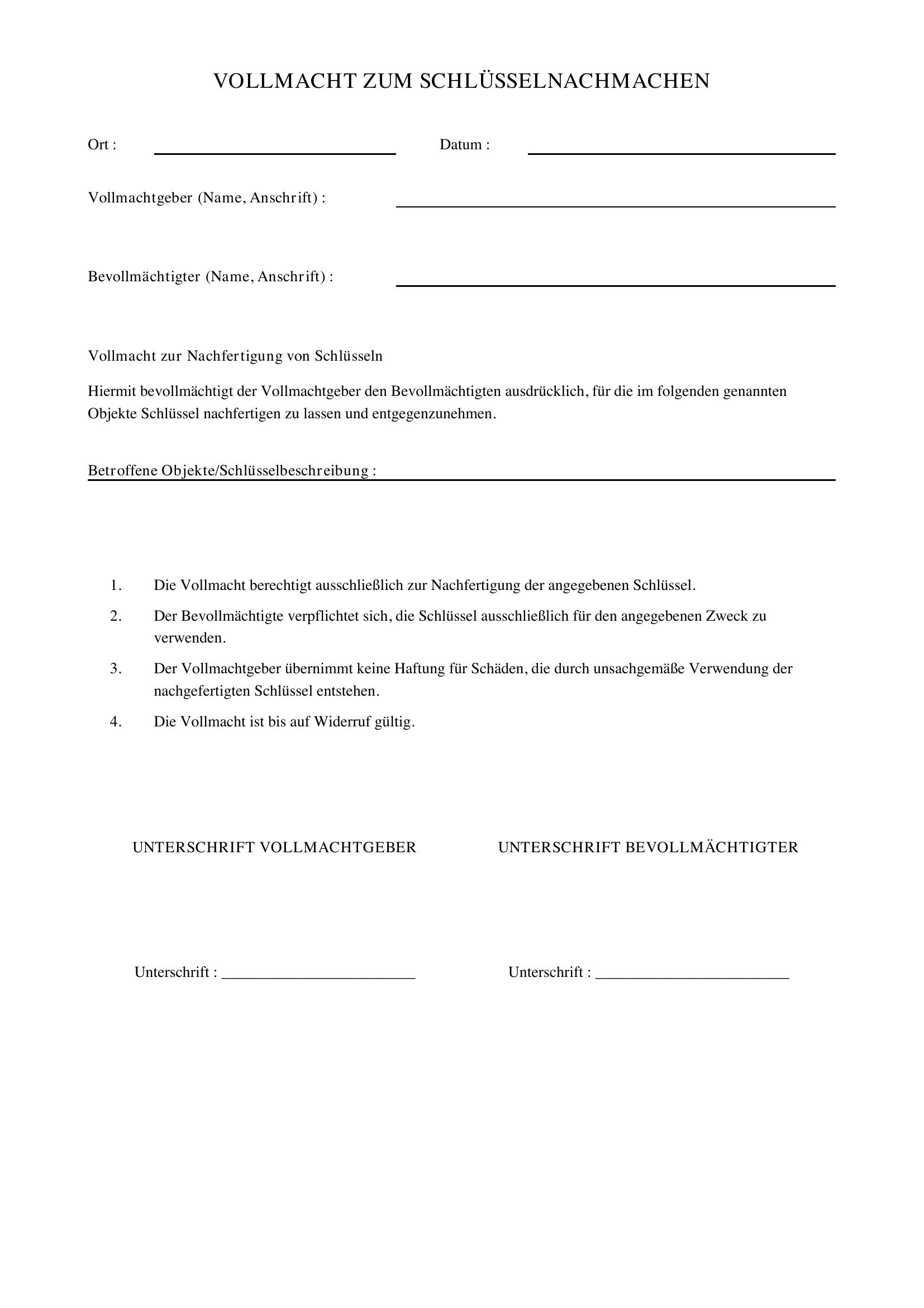 Vollmacht Schlüssel Nachmachen Vorlage