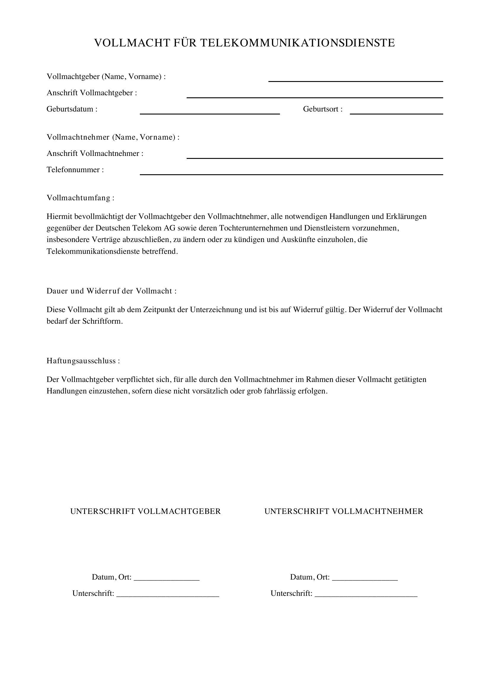 Vollmacht Telekom Vorlage