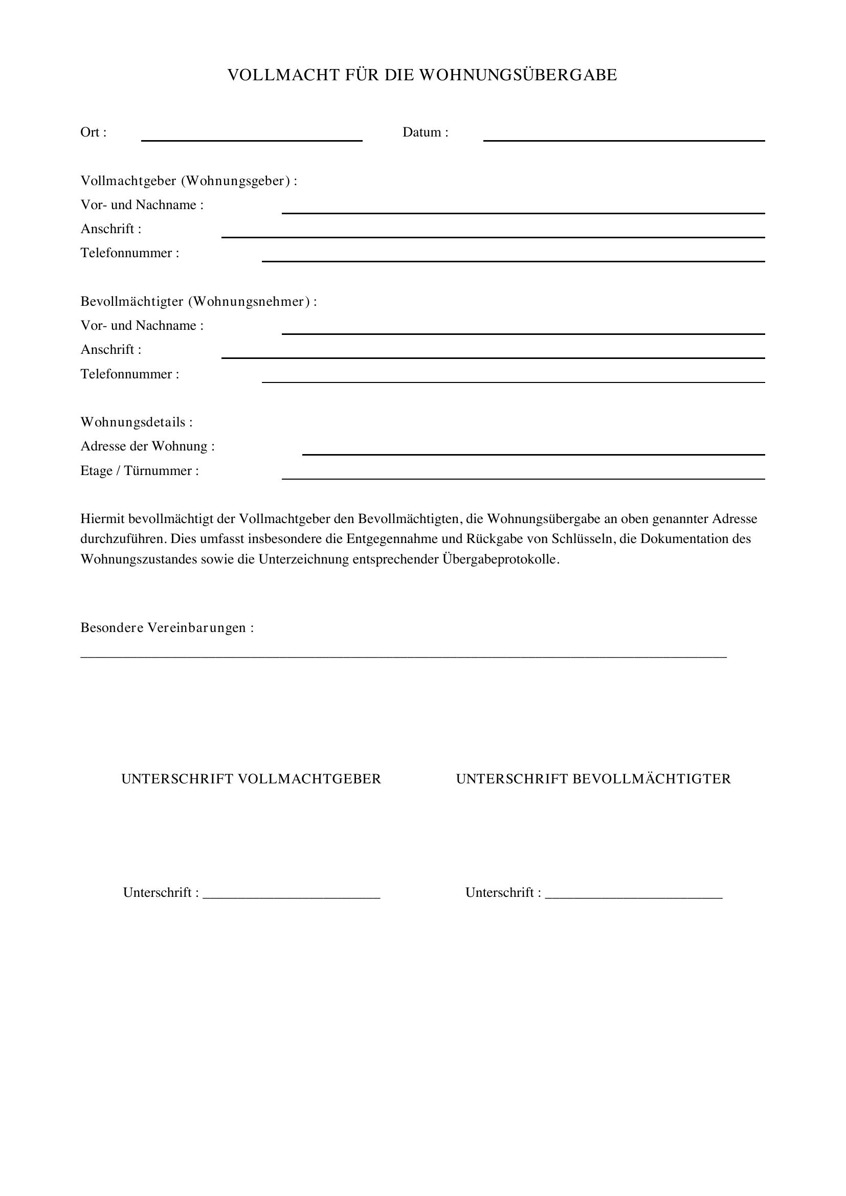 Vollmacht Wohnungsübergabe Vorlage