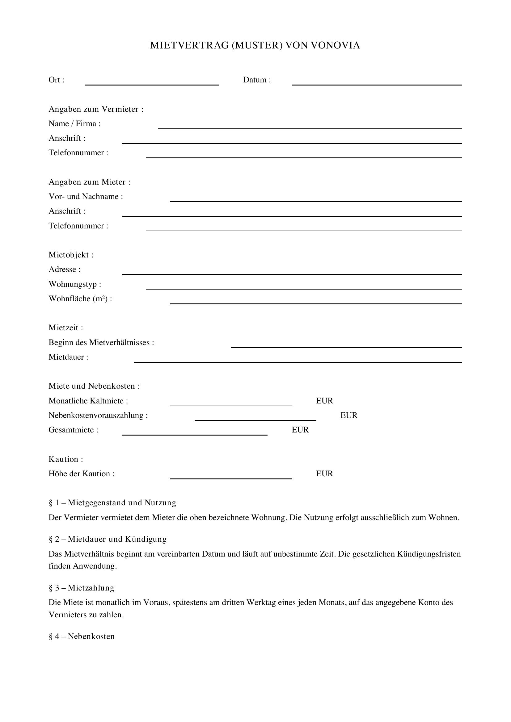 Vonovia Mietvertrag Muster