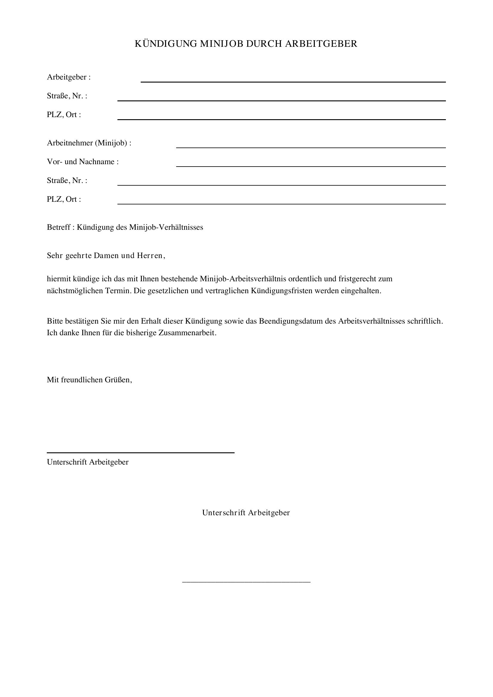 Vorlage K ndigung Minijob Arbeitgeber