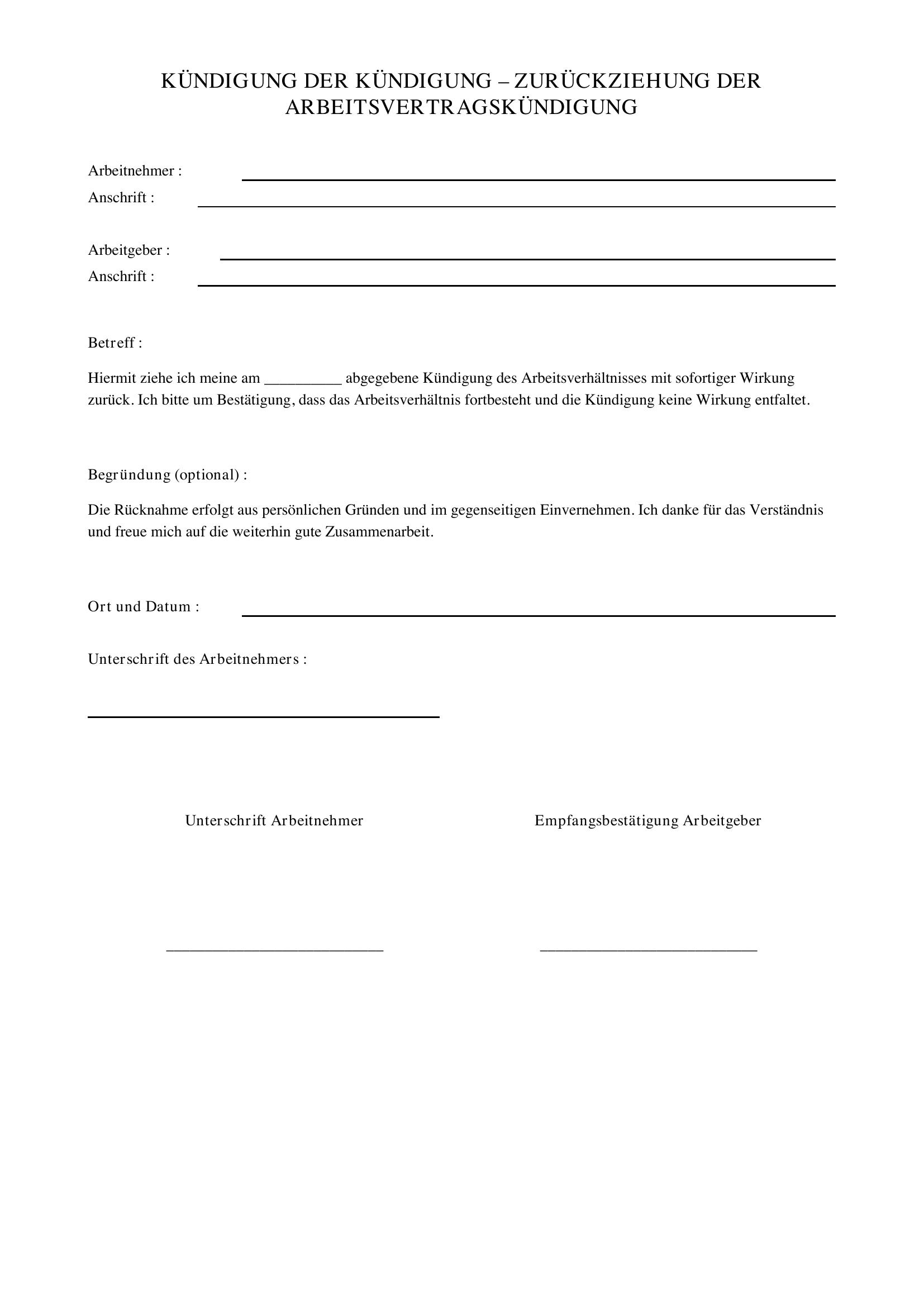 Vorlage Kündigung Zurückziehen Arbeitnehmer