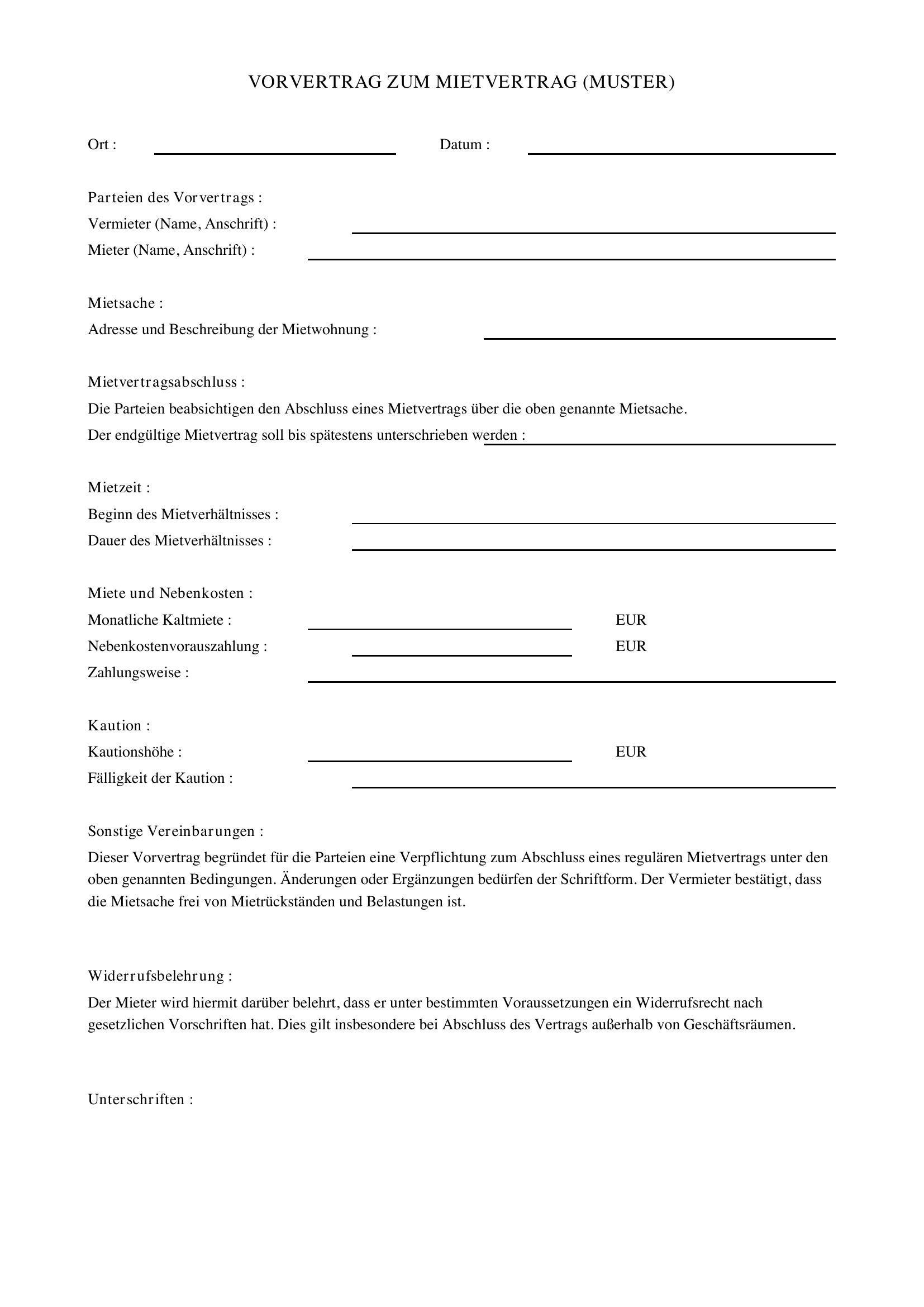 Vorvertrag Zum Mietvertrag Muster
