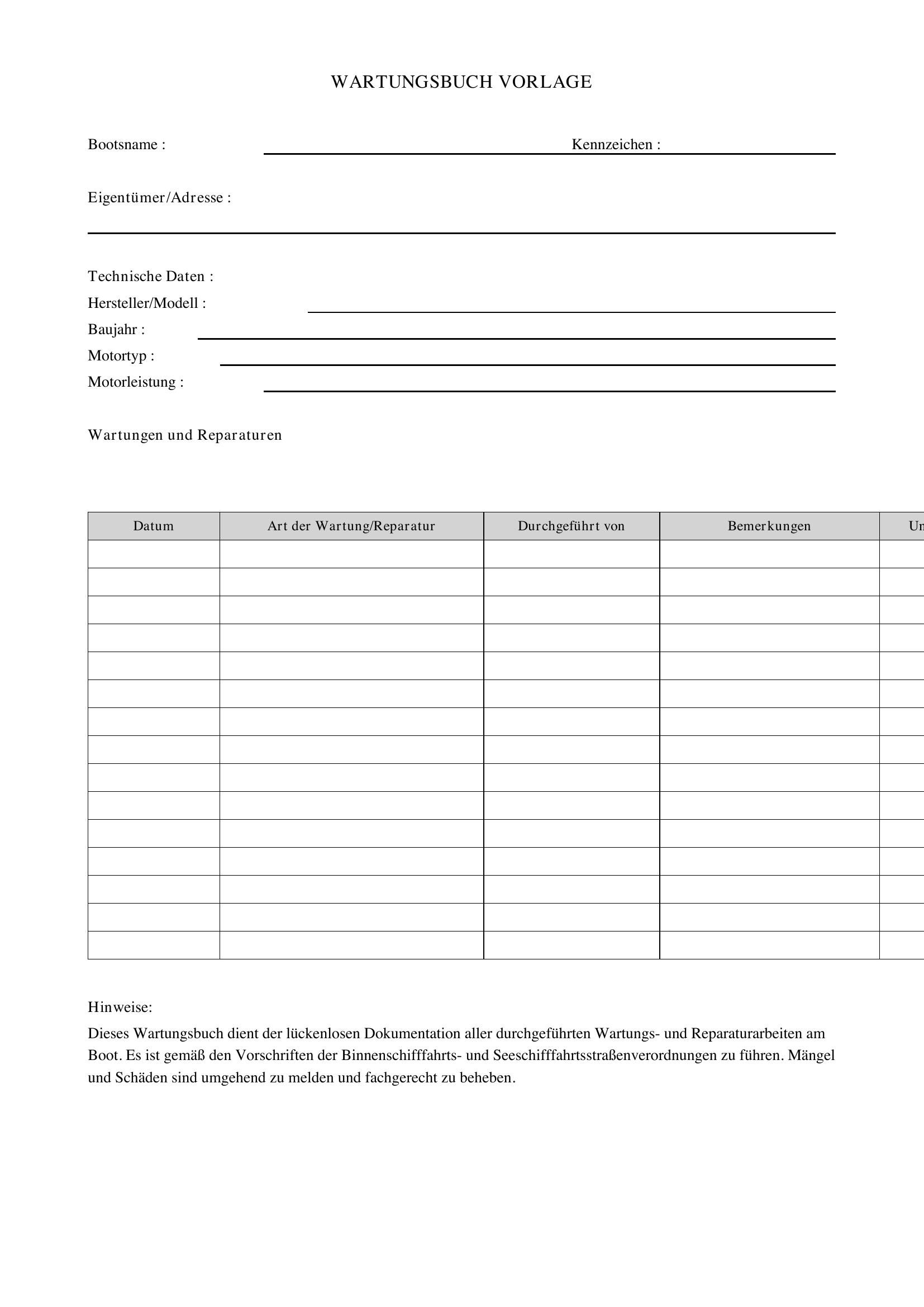 Wartungsbuch Vorlage