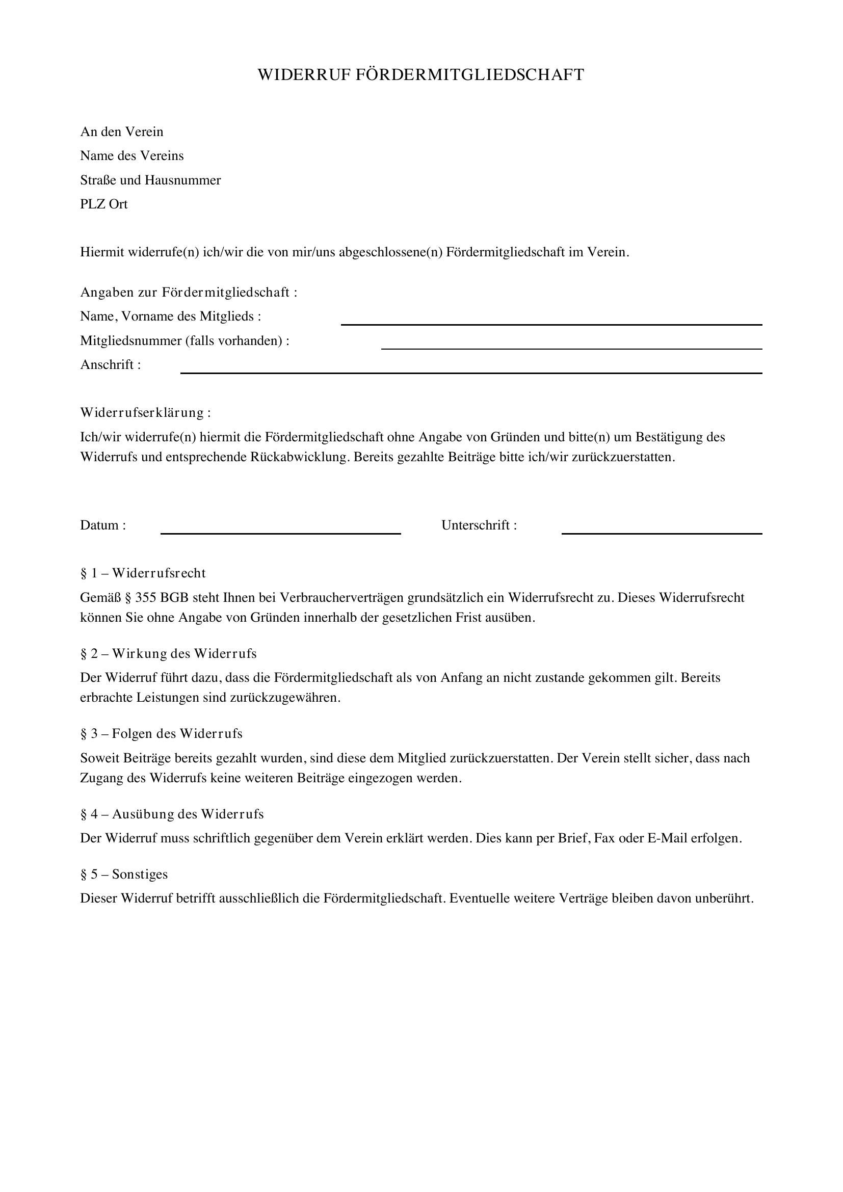 Widerruf Fördermitgliedschaft Vorlage