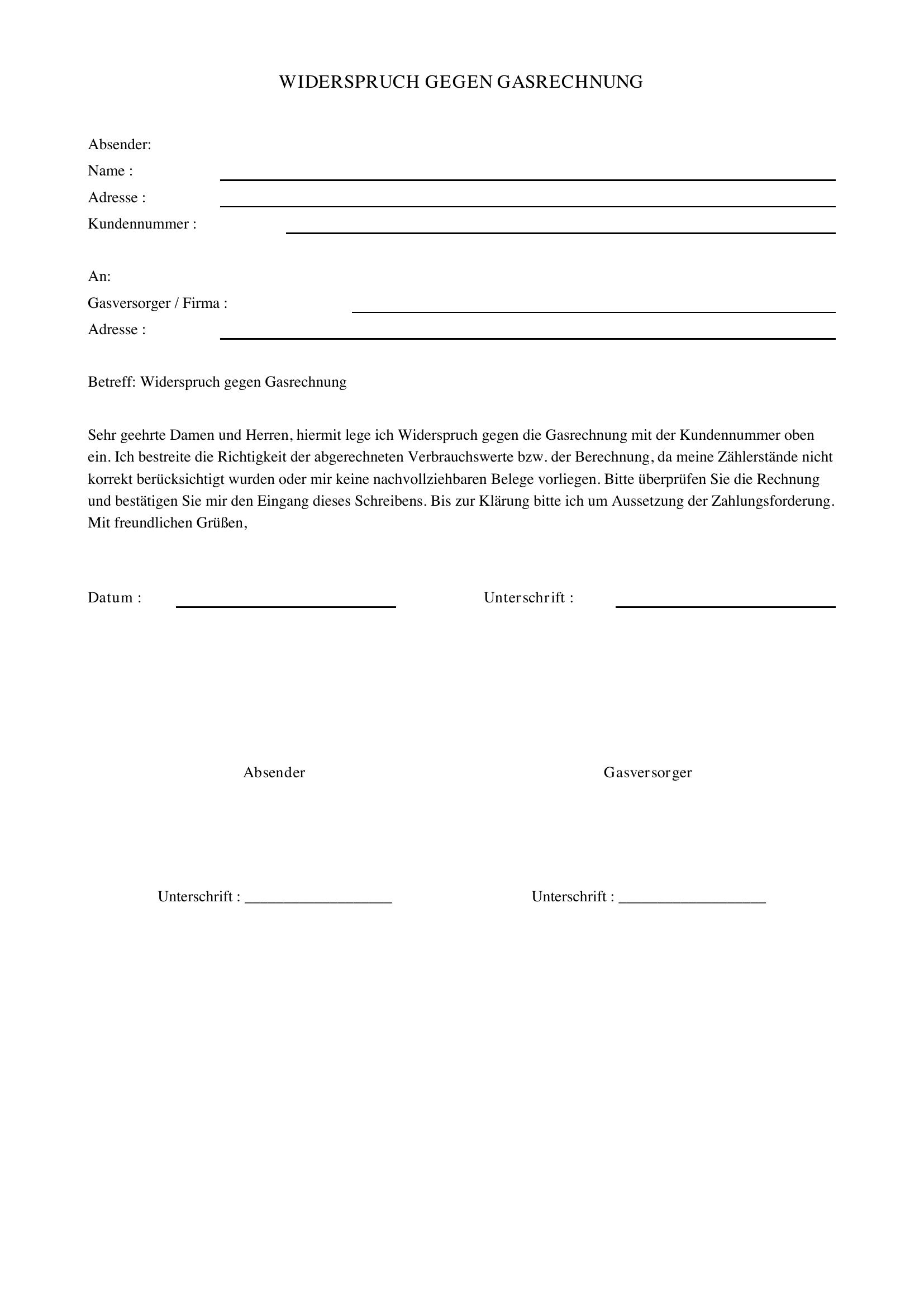 Widerspruch Gasrechnung Musterbrief
