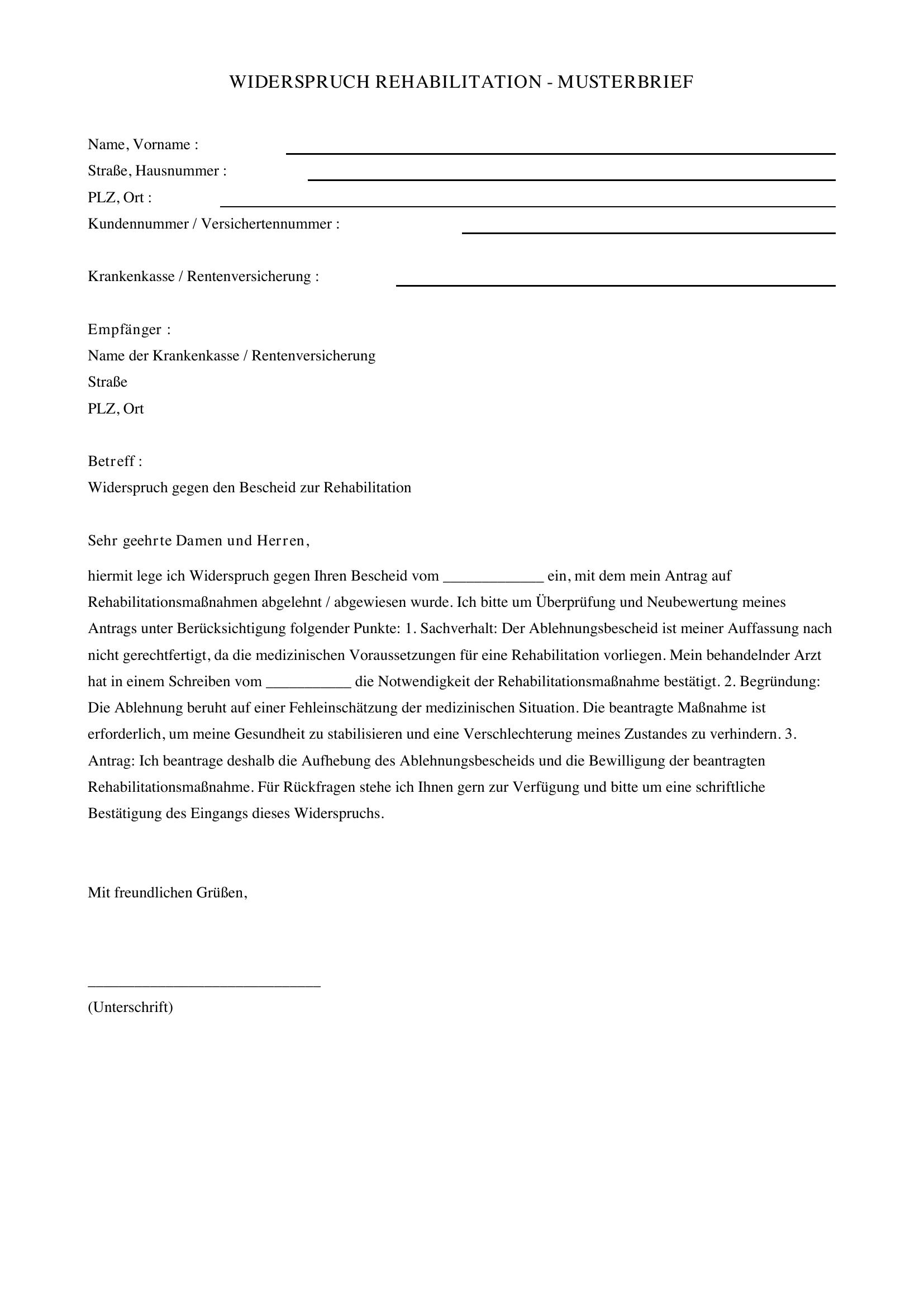 Widerspruch Reha Musterbrief